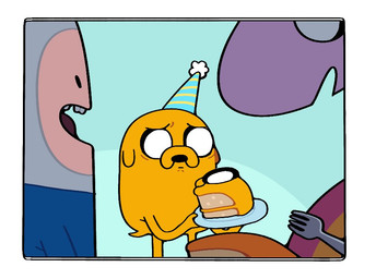ambiguous_gender anthro cake cannibalism clothing cutlery dessert food fork group hat headgear headwear humor kitchen_utensils party_hat plate rubber_hose_style shirt smile teeth tools toony topwear trio visual_gag discount-supervillain adventure_time cartoon_network finn_the_human jake_the_dog lady_rainicorn canid canine canis domestic_dog human mammal rainicorn
