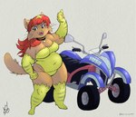 anthro armwear atv belly biped blonde_highlights breasts brown_body brown_fur cheek_tuft cleavage clothed clothing collar collar_tag elbow_gloves facial_tuft fangs female flabby_arms fur gesture gloves grey_background grey_eyes hair hand_gesture handwear highlights_(coloring) legwear leotard long_hair markings medium_breasts navel_outline open_mouth open_smile overweight overweight_anthro overweight_female red_hair simple_background smile solo standing striped_markings stripes tail teeth thick_thighs thigh_highs thumbs_up tight_clothing tuft vehicle whiskers yellow_clothing holotuff nintendo nintendo_power susie_(nintendo_power) domestic_cat felid feline felis mammal 2022 absurd_res artist_name character_name full-length_portrait hi_res portrait signature