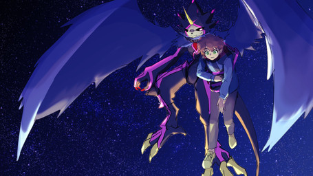 anthro black_body black_sclera blue_cape blue_clothing brown_hair cape claws clothing duo feet glowing glowing_eyes green_eyes hair holding_another horn male night sky star starry_sky talons toes noire02_a bandai_namco digimon digimon_ghost_game hiro_amanokawa digimon_(species) gulusgammamon 16:9 absurd_res hi_res widescreen