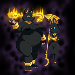 accessory amber_eyes anklet anthro areola armor axe big_breasts black_body black_fur blue_eyes breasts choker claws clothing duo ear_piercing female fur furgonomics gauntlets genitals gloves handwear jewelry looking_at_viewer magic melee_weapon navel necklace nipples overweight piercing tail tail_accessory tailband vulva weapon whip yellow_sclera lonbluewolf anubian_jackal canid canine canis jackal mammal 1:1 2017 hi_res