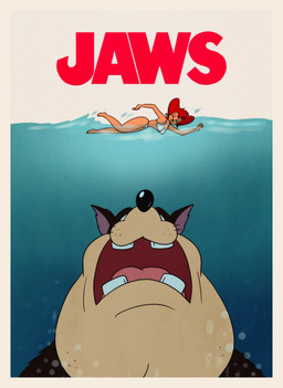 anthro bikini clothing duo female husband_and_wife male married_couple parody swimwear two-piece_swimsuit smallfryspy disney goof_troop jaws_(film) universal_studios peg_pete pete_(disney) canid canine canis domestic_cat domestic_dog felid feline felis mammal hi_res