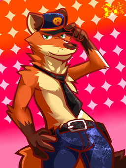 accessory anthro arm_tuft bare_chest belt blue_bottomwear blue_clothing blue_pants bottomwear brown_body brown_fur brown_hands brown_nose bulge cheek_tuft chest_tuft clothing dipstick_tail elbow_tuft facial_tuft fur green_eyes hand_on_hip looking_at_viewer male markings multicolored_body multicolored_fur multicolored_tail neck_tuft necktie orange_body orange_fur pants pattern_background police police_hat police_officer pose shirtless shirtless_male shoulder_tuft simple_background smile solo standing tail tail_markings tan_body tan_fur tight_bottomwear tight_clothing tight_pants tipping_hat tuft ventkazemaru disney zootopia nick_wilde canid canine fox mammal red_fox true_fox 2018 3:4 absurd_res hi_res pinup