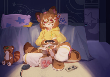 accessory anthro bed bedroom biped bottomless brown_ear_tips brown_hair brown_markings clothed clothing computer_mouse controller countershade_face countershade_feet countershade_hands countershade_neck countershading dipstick_ears door drawstring_hoodie ear_markings eyewear feet female front_view furniture glasses hair hair_accessory highlights_(coloring) holding_controller holding_object leaf legwear looking_at_viewer markings multicolored_ears open_mouth open_smile pawpads petals pillow pink_inner_ear pink_pawpads plushie sitting sitting_on_ground smile solo spread_legs spreading stripes white_highlights unknown_artist potatotanuki_(potatoximon) canid canine mammal raccoon_dog tanuki 2023 chinese_description colored hi_res shaded