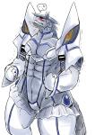 abs anthro biped black_sclera blush clothed clothing cosplay grey_body grey_scales male muscular muscular_male red_eyes scales simple_background solo white_background xigma kill_la_kill studio_trigger junketsu kamui_(kill_la_kill) scalie 2014