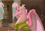 armor choose_your_own_adventure dialogue door female feral horn knight melee_weapon pink_body polearm sculpture solo spear statue teeth text tower warrior weapon wings apollyondragon activision mythology spyro_the_dragon ember_(spyro) dragon mythological_creature mythological_scalie scalie 2023 digital_media_(artwork) signature