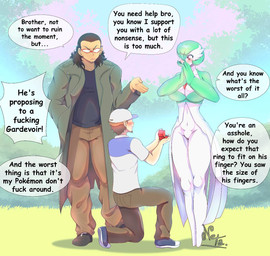 annoyed beard big_breasts black_clothing black_hair black_shirt black_topwear blush bottomwear breasts brown_bottomwear brown_clothing brown_pants cleavage clothed clothing coat confession eyewear faceless_character faceless_human faceless_male facial_hair female female_humanoid glasses grass green_clothing green_coat green_hair green_topwear group hair long_hair male male/female male_human misgendering navel outside own_hands_together pants plant profanity pseudo_clothing red_eyes shirt short_hair standing text topwear trio white_body netardado nintendo pokemon gardevoir generation_3_pokemon human humanoid mammal pokemon_(species) english_text hi_res