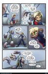 anthro biped blonde_hair blue_body blue_clothing clothed clothing dialogue dialogue_box duo female green_eyes hair male open_mouth outside red_clothing speech_bubble tan_body text bmbrice supercell_(comic) nazuret_fallan nazuret_kheilafi humanoid zeikauko colored comic english_text hi_res url