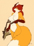 anthro big_breasts black_nose breasts brown_body brown_fur dipstick_tail female fluffy fluffy_tail fur green_eyes gun hair handgun kriss_vector looking_at_viewer markings multicolored_body multicolored_fur multicolored_tail nude orange_body orange_fur orange_hair orange_tail pistol ranged_weapon red_hair simple_background smile solo submachine_gun tail tail_markings tan_body tan_fur tan_tail two_tone_tail weapon white_body white_fur starfighter canid canine fox mammal 2014