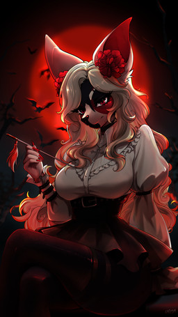 anthro cross darkness female flower fur hair holidays light moon moonlight mouse_ears multicolored_body multicolored_fur plant red_body red_hair rose_(flower) solo laffisa halloween rosaria_(goltaroufox) bat mammal mouse murid murine rodent vampire absurd_res hi_res