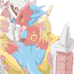 ambiguous_gender anthro armor blue_body blue_skin blush bodily_fluids breath cum cum_inside duo from_front_position genital_fluids genitals male male/ambiguous mastery_position on_top panting penetration penis sex straddling tail tongue furukara bandai_namco digimon digimon_(species) flamedramon wargreymon 1:1