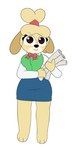 accessory anthro bottomwear bow_ribbon breasts brown_eyes clothing curvy_figure eyelashes female fur hair hair_accessory hair_bun hairband holding_object long_sleeves looking_at_viewer secretary skirt smile solo yellow_body yellow_fur guak animal_crossing nintendo isabelle_(animal_crossing) canid canine canis domestic_dog mammal