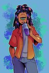 1_eye beverage bottomwear clothing dreadlocks drinking green_sclera half-closed_eyes hand_in_pocket holding_beverage holding_object looking_at_viewer male narrowed_eyes not_furry open_mouth orange_body pants pockets purple_eyes shirt short_sleeves solo topwear undershirt spooksghostie nintendo splatoon murch_(splatoon) echinoderm echinozoan humanoid marine sea_urchin hi_res