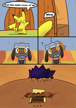 5_panel_comic ambiguous_gender anthro bandage biped black_text blue_body cheek_spots clenched_teeth dialogue door duo eyebrows eyes_closed floor furniture motion_lines mouth_closed open_mouth open_smile orange_eyes question_mark red_cheeks sign smile sound_effects speech_bubble standing table tail talking_to_another teeth text wall_(structure) white_sclera yellow_body sawlamander nintendo pokemon pokemon_mystery_dungeon spike_chunsoft generation_1_pokemon generation_4_pokemon pikachu pokemon_(species) riolu 2026 comic english_text hi_res