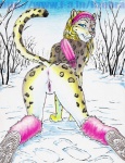 all_fours anthro anus blonde_hair blue_eyes butt clothed clothing female genitals grin hair inviting leg_warmers legwear leopard_spots looking_at_viewer looking_back nude outside perineum presenting presenting_anus presenting_hindquarters presenting_pussy pussy raised_tail scarf skimpy smile snow solo spots tail lizebra felid leopard mammal pantherine