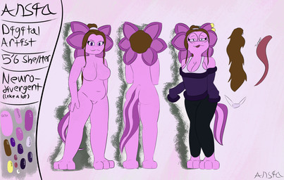anthro breasts brown_hair clothed clothed_anthro clothed_female clothing color_swatch eyewear featureless_breasts featureless_crotch female freckles glasses hair long_hair medium_breasts navel nude nude_anthro nude_female piercing pink_body solo stated_height tail text tongue wearing_glasses ansia_(artist) ansia_(character) amphibian aquatic axolotl mole_salamander salamander absurd_res artist_name character_name english_text hi_res model_sheet