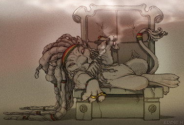 accessory beard chair cigar claws dreadlocks drugs facial_hair fur furgonomics furniture hair jewelry looking_at_viewer lying male marijuana on_back on_chair red_eyes ring smoke smoking solo tail tail_accessory tail_jewelry tail_ring tail_tuft throne tuft whiskers eddie_holly snoop_lion felid lion mammal pantherine