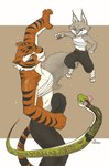 anthro athletic_tape bodily_fluids female feral fur group orange_body sports_tape stripes sweat tape training trio zzommie dreamworks kung_fu_panda master_tigress master_viper zhen_(kung_fu_panda) canid canine corsac_fox felid fox mammal pantherine reptile scalie snake tiger true_fox viper 2024 digital_media_(artwork) hi_res signature