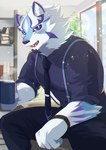 anthro beverage blue_eyes blush bracelet clothing coffee coffee_mug dress_shirt facial_markings fur head_markings jewelry male markings necktie shirt solo suspenders topwear white_body white_fur kouga0225 lifewonders live_a_hero sadayoshi canid canine canis domestic_dog mammal absurd_res hi_res