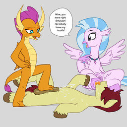 crotch_breasts dominant dominant_female feet female feral foot_fetish foot_play footjob genitals group hoof_fetish hooves male male/female penis sex small_penis standing text trio hexecat european_mythology friendship_is_magic greek_mythology hasbro my_little_pony mythology asturino_(oc) silverstream_(mlp) smolder_(mlp) avian dragon equid equine hippogriff horse mammal mythological_avian mythological_creature mythological_scalie pony scalie absurd_res english_text hi_res