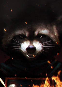 anthro black_background black_body black_fur black_nose brown_body brown_fur dark facial_markings fire front_view fur glistening glistening_eyes head_markings looking_at_viewer male markings mask_(marking) multicolored_body multicolored_fur simple_background solo teeth whiskers white_body white_fur minuspower guardians_of_the_galaxy marvel rocket_raccoon mammal procyonid raccoon 2014 absurd_res chromatic_aberration hi_res