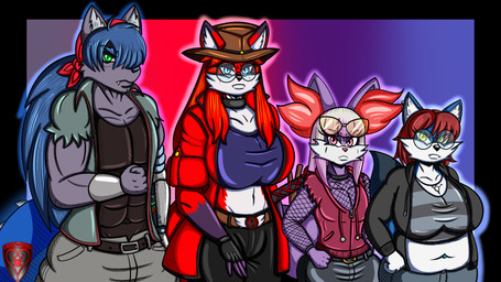 anthro aura belly choker clothing fishnet_clothing fishnet_topwear glowing group gynomorph herm intersex jacket jewelry jojo_pose katana leather leather_clothing leather_jacket leather_topwear male melee_weapon muscular navel navel_piercing necklace piercing robotic_arm sword topwear weapon ladyfoxheart nintendo pokemon sega sonic_the_hedgehog_(series) fan_character robin_quinn rockaway_carter sally_foxheart arctic_fox braixen canid canine canis fox generation_6_pokemon mammal pokemon_(species) true_fox wolf 16:9 hi_res widescreen trans_(lore) trans_woman_(lore)