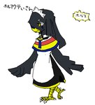 anthro apron beak black_body black_bottomwear black_clothing black_feathers black_hair black_skirt bottomwear clothing feathers female hair maid_headdress maid_uniform simple_background skirt solo text uniform white_apron white_background white_clothing winged_arms wings yellow_beak yellow_eyes zamuzaza2 egyptian_mythology futaba_channel middle_eastern_mythology mythology nijiura_maids hor-akhti-san horus avian bird deity falcon falconid lanner_falcon japanese_text