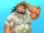 aloha_shirt anthro clothing green_hair hair hat headgear headwear male mature_male muscular muscular_anthro muscular_male one_eye_closed pattern_clothing pattern_shirt pattern_topwear pecs shirt solo straw_hat topwear wink kira_nerisu lifewonders tokyo_afterschool_summoners arsalan_(tas) felid lion mammal pantherine