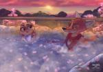 anthro cherry_blossom cloud covering covering_self detailed_background duo ears_down female flower gesture hot_spring male nude outside partially_submerged pivoted_ears plant prunus_(flower) scarf sea sky sun sunset water qalcove bad_guy_cafe ocerydia_zoona ziegelzeig_zoona canid canine fox lagomorph leporid mammal rabbit 2018 absurd_res detailed hi_res