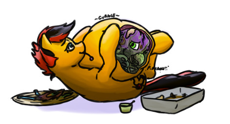 abdominal_bulge beak bodily_fluids duo feathers female female_pred feral feral_pred feral_prey fully_inside gravy hooves inside_stomach internal male male_prey organs pawpads peacock_feather pink_body same_size_vore stomach stomach_acid vore doesnotexist gyrotech hasbro my_little_pony mythology gyro_feather southern_belle_(pony) avian earth_pony equid equine gryphon horse mammal mythological_avian mythological_creature pony digital_media_(artwork) hi_res