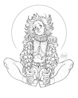 clothed clothing clown ear_piercing female female_humanoid front_view hair humanoid_pointy_ears long_hair mouth_closed piercing pointy_ears simple_background sitting text azuza humanoid 2025 artist_name dated hi_res monochrome