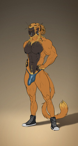 anthro barbell_piercing beard biped body_hair bulge clothing detailed_bulge ear_piercing eyebrow_piercing facial_hair facial_piercing footwear form_fitting fur genital_outline looking_at_viewer male male_anthro muscular muscular_anthro muscular_male nipple_barbell nipple_piercing nipples nose_piercing orange_body orange_fur penis_outline piercing plantigrade pubes shoes sneakers solo thong underwear mickey_the_retriever aureliano haplorhine mammal monkey primate absurd_res hi_res