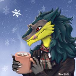 anthro beverage biker_jacket candy cast chocolate claws dessert fluffy food fur green_body green_fur grey_body grey_fur hot_chocolate licking licking_lips male marshmallow red_eyes scarf smile solo steam tongue tongue_out winter yellow_body yellow_fur knopenri brom_(sahurus) sergal 1:1 hi_res