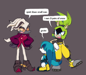5_fingers anthro backpack big_ears blue_body blue_eyes blue_fur bottomless clothed clothing ear_piercing female fingers floppy_ears fur green_body green_fur grey_background group hair male piercing pink_eyes red_eyes sharp_teeth shirt simple_background speech_bubble striped_hair teeth text topwear trio upturned_eyes white_body white_fur zzavok idw_publishing sega sonic_the_hedgehog_(comics) sonic_the_hedgehog_(idw) sonic_the_hedgehog_(series) doctor_starline kitsunami_the_fennec surge_the_tenrec afrosoricid canid canine canis domestic_dog fennec_fox fox hybrid mammal monotreme platypus tenrec true_fox 2021 english_text