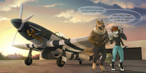4_toes 5_fingers accessory aircraft airplane anthro barefoot black_nose bottomwear brown_hair cheek_tuft claws clothed clothing day detailed_background dialogue digitigrade duo facial_tuft feather_in_hair feathers feet female fingers fur gesture hair hair_accessory hand_gesture hand_in_pocket hands_in_both_pockets hangar inner_ear_fluff jacket leather leather_clothing leather_jacket leather_topwear loose_feather male outside pants pockets pointing sky smile standing sun text toe_claws toes topwear tuft vehicle iskra flying_tigers north_american_aviation p-51_mustang kizzie_(lipton) canid canine canis domestic_dog fox mammal 2016 2:1 digital_media_(artwork) english_text shaded