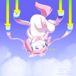 blue_eyes bow_(feature) cloud directional_arrow fur music pink_body pink_ears pink_tail ribbons sky skyscape smile tail white_body white_fur xiwomo nintendo pokemon eeveelution generation_6_pokemon pokemon_(species) sylveon 1:1 hi_res