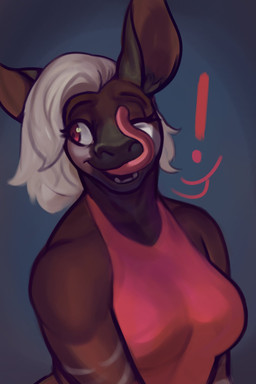 anthro big_breasts blue_background breasts brown_body brown_fur clothing female fur hair licking licking_lips long_tongue one_eye_closed open_mouth open_smile shirt simple_background smile solo striped_body striped_fur stripes tank_top tongue tongue_out topwear white_hair white_stripes wide_eyed diadorin giraffid mammal okapi absurd_res hi_res
