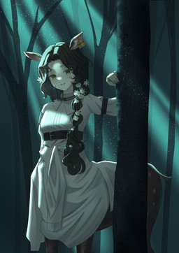 animal_ears belt brown_hair clothed clothed_female clothed_taur clothing ear_piercing ear_tag female forest hair night piercing plant ponytail solo tree white_clothing t5a1il european_mythology greek_mythology mythology reverse:1999 jessica_(reverse:1999) centaur equid equid_taur humanoid_taur mammal mammal_taur taur absurd_res hi_res