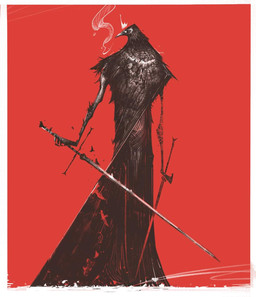 ambiguous_gender anthro beak beak_closed black_body black_clothing black_feathers border clothing dual_wielding feathers head_turned holding_melee_weapon holding_object holding_sword holding_weapon looking_at_viewer looking_back looking_back_at_viewer melee_weapon mouth_closed pose rear_view red_background simple_background simple_eyes smoke solo standing sword weapon white_border white_eyes bonnymama7 avian bird corvid corvus_(genus) crow oscine passerine 2024 colored digital_drawing_(artwork) digital_media_(artwork) full-length_portrait hi_res portrait