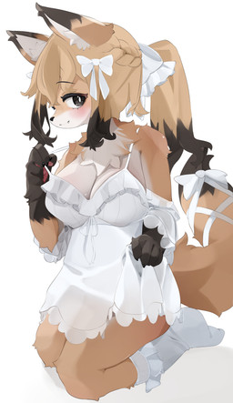 5_fingers anthro black_body black_fur black_hair black_nose blush bow_ribbon braided_hair breasts brown_body brown_fur brown_hair chest_tuft clothed clothing clothing_lift cute_fangs dress dress_lift fangs female fingers footwear fur grey_eyes hair inner_ear_fluff kneeling looking_at_viewer pawpads paws ponytail ribbons smile socks solo tan_body tan_fur teasing teeth tuft white_body white_fur yenamika canid canine fox mammal 2025 absurd_res hi_res