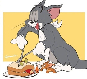 anthro bib cutlery duo eyes_closed fire food fork kitchen_utensils knife male plate sandwich_(food) simple_background smile tools atori metro-goldwyn-mayer tom_and_jerry jerry_mouse thomas_cat domestic_cat felid feline felis house_mouse mammal mouse murid murine rodent tuxedo_cat