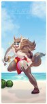 anthro clothing dagger eyewear food footwear fruit fur male melee_weapon melon multicolored_body multicolored_fur muscular muscular_male plant sandals seaside shoes solo sport sunglasses towel towel_wrap two_tone_body two_tone_fur volleyball watermelon weapon dyeong_2 afk_arena lilith_games tidus_(afk_arena) canid canine canis mammal wolf absurd_res hi_res