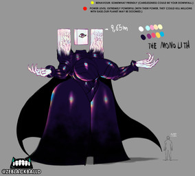 big_breasts breasts cape cleavage clothed clothing eyelashes female fingers for_a_head grey_background not_furry pupils simple_background text wide_hips ze_blackball.d the_monolith_(ze_blackball.d) cyclops object_head absurd_res english_text hi_res