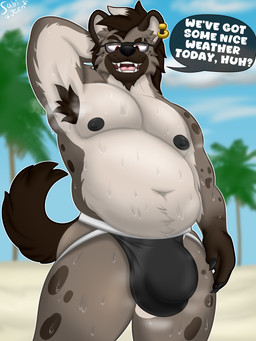anthro areola armpit_hair balls beach big_balls black_nipples bodily_fluids body_hair brown_body brown_fur bulge clothed clothing ear_piercing ear_ring eyebrow_piercing eyewear facial_piercing fur genitals glasses hand_behind_head hand_on_hip jockstrap jockstrap_only looking_at_viewer male muscular muscular_anthro muscular_male musk musky_armpit musky_balls nipples open_mouth pecs piercing presenting presenting_armpit ring_piercing seductive simple_background slightly_chubby smelly solo sweat sweatdrop sweaty_genitalia sweaty_legs sweaty_thighs tail text thick_thighs tongue topless underwear underwear_only woofington_gator sabi_(woofington_gator) badger canid canine hybrid hyena mammal mustelid musteline spotted_hyena 3:4 digital_media_(artwork) english_text hi_res