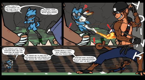 3_toes 5_fingers action_pose animal_genitalia anthro balls black_body black_clothing black_footwear black_fur black_gloves black_handwear black_hat black_headwear blue_balls blue_body blue_fur blue_sheath brown_body brown_fur bruised claws clothed clothing dialogue dipstick_ears ear_markings ear_piercing exclamation_point feet finger_claws fingerless_gloves fingers fire floppy_ears footwear fur genitals gloves grey_body grin group handwear hat headgear headwear hug leash male mostly_nude motion_lines multicolored_ears muscular muscular_anthro muscular_male nude onomatopoeia orange_body orange_fur piercing pose prehensile_feet pupils question_mark red_body red_eyes red_fur running scar scratches sharp_teeth sheath smile sound_effects speech_bubble tan_body tan_fur teeth text toeless_footwear toes topless vein veiny_muscles white_body white_claws white_fur yellow_inner_ear young young_anthro thekingbros nintendo pokemon bones_(thekingbros) koji_(thekingbros) vermillion_(thekingbros) ambiguous_species canid generation_4_pokemon generation_8_pokemon haplorhine lagomorph mammal monkey pokemon_(species) primate riolu scorbunny 2021 comic english_text hi_res