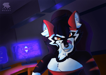 black_body black_fur black_nose detailed_background electronics fur gaming_chair male mao_feitan monitor red_body red_fur sitting smile smiling_at_viewer solo tongue tongue_out loah_wunny fan_character canid canine canis mammal wolf digital_drawing_(artwork) digital_media_(artwork) hi_res