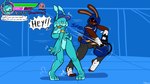 3_toes antennae_(anatomy) anthro armwear backpack bikini black_bottomwear black_clothing black_gloves black_handwear black_pants blue_backpack blue_clothing blue_hat blue_headwear blue_hoodie blue_topwear blush bottomwear breasts brown_body brown_fur brown_inner_ear bulge clothing collar covering covering_breasts crossed_arms cute_fangs dialogue dot_eyes duo evil_grin fangs feet female fingerless_gloves foot_wraps forced forced_exposure fur gameplay_mechanics genitals gloves gold_bikini grin hand_wraps handwear hat headgear headwear holding_object hoodie male motion_lines muscular muscular_anthro muscular_male non-mammal_breasts obscured_eyes open_mouth pants pink_clothing pink_hat pink_headwear pussy red_eyes short_tail simple_background simple_eyes small_breasts smile speech_bubble swimwear tail teal_antennae teal_body teeth text tiptoes toes topwear two-piece_swimsuit wraps yellow_armwear yellow_clothing yellow_collar yellow_ring felino bunny_brawler_(felino) raspberry_(felino) aquatic_gastropod gastropod lagomorph leporid mammal marine mollusk rabbit sea_slug slug 2025 english_text hi_res
