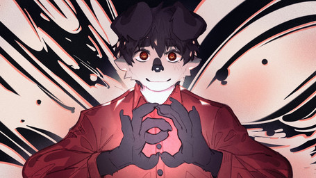 5_fingers abstract_background anthro black_hair fingers floppy_ears fur grin hair looking_at_viewer male orange_eyes red_dress_shirt smile solo white_body white_fur hemuchang ambient_among_us among_us innersloth shin_(hemuchang) canid canine canis domestic_dog mammal 16:9 2022 hi_res widescreen