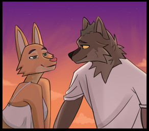 anthro anthro_on_anthro black_border black_nose border breasts brown_body brown_fur canon_couple cleavage clothed clothing duo eyebrow_piercing eyebrows facial_piercing female fur looking_at_another looking_at_partner male male/female orange_body orange_fur outside piercing pink_nose romantic romantic_ambiance romantic_couple shirt sunset t-shirt topwear gilgames dreamworks the_bad_guys diane_foxington mr._wolf_(the_bad_guys) canid canine canis fox mammal wolf 2023 digital_media_(artwork)