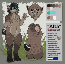 4_toes 5_fingers anthro armpit_hair belly big_nipples body_hair breasts brown_body brown_fur brown_hair claws digitigrade double_chin ear_tuft feet female fingers freckles fur hair happy_trail markings moobs multicolored_hair navel nipples nub_tail pawpads paws scar self-harm_scars slightly_chubby solo spots spotted_body teal_eyes teeth toes tongue tongue_tie tuft two_tone_hair kiwikwe alta_(kiwikwe) felid feline lynx mammal absurd_res hi_res model_sheet