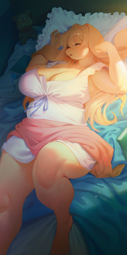 4_toes anthro bed big_breasts book breasts cleavage clothed clothing eyebrow_through_hair eyebrows eyes_closed feet female floppy_ears furniture hair kemono lying nightgown on_back on_bed plushie sleeping slightly_chubby solo teddy_bear toes translucent translucent_hair white_nightgown aruurara sophia_(aruurara) lagomorph leporid mammal rabbit absurd_res hi_res